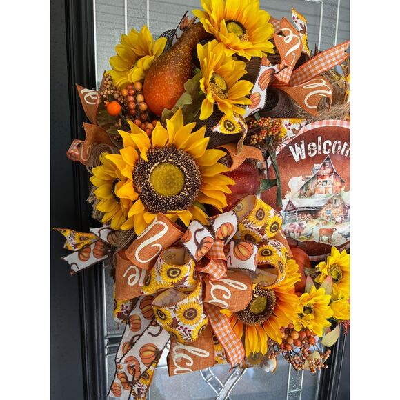 Farmhouse Sunflower Welcome Mesh Wreath - Autumn Fall Door DecorHandmade - Picture 4 of 5